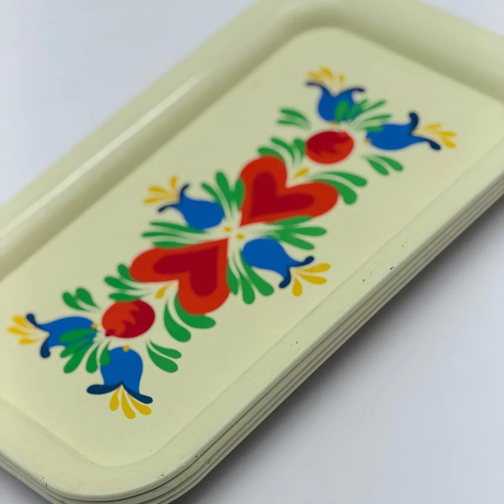 Vintage Scandinavian Folk Art Metal Trays Set of 4 Hearts Tulips Rosemaling MCM